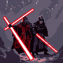 Ominous pixel art depicts two cloaked and armored Sith Lords with glowing red eyes, brandishing their signature red lightsabers. The dark figures dominate the scene, exuding power against a star-speckled night sky.