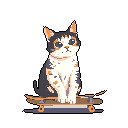 A cute calico cat sits upright on a skateboard, looking forward with a curious expression. The pixel art style adds a touch of retro charm to this whimsical feline portrait.