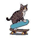 A tabby cat shreds in pixel art, executing a trick on a skateboard with impressive feline flair. The mid-air ollie, captured with charming detail, showcases this cool cat's surprising talent.