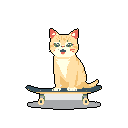 This pixel art features a charming, light orange cat riding a grey skateboard. With bright green eyes and a playful expression, this kitty is ready to shred!