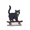 A cool black cat shreds on an orange skateboard, its vibrant orange eyes gleaming with mischievous energy. This pixel art image captures the quirky and energetic vibe of a feline skater.