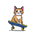 A cute, pixelated tabby cat joyfully sits on a blue and yellow skateboard, looking ready for adventure. Its happy expression and poised stance create a playful and energetic vibe.