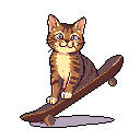 A tabby cat with a playful expression confidently sits atop a tilted skateboard, its light eyes gazing directly at the viewer. The pixel art image captures a charming and whimsical scene with warm, earthy tones, set against a stark black background.