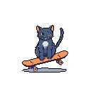 A mischievous black cat with a skull-shaped marking shreds on a skateboard with a wide grin. This pixel art image captures a playful and energetic vibe through vibrant orange accents and a touch of dark whimsy.