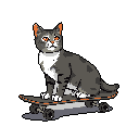 This pixel art image features a cool grey cat with striking orange eyes, confidently riding a skateboard against a stark black background. The unexpected pairing creates a whimsical and focused scene.