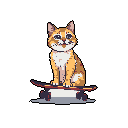 This pixel art shows a cheerful, cartoon cat confidently riding a skateboard, looking directly at the viewer with a playful expression. The vibrant orange cat is the sole focus against a stark black background, emphasizing its whimsical charm.