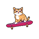 A cool tabby cat confidently cruises on a vibrant magenta skateboard, its determined expression hinting at a smooth ride ahead. This whimsical pixel art image captures an unexpected blend of feline charm and action-sports fun.