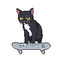 A pixelated black and white cat sits alertly on a skateboard, its bright yellow eyes adding a pop of color. This simple yet quirky image captures a moment of unexpected feline coolness.