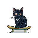 A black cat with striking orange eyes sits poised on a skateboard, staring directly at the viewer. The whimsical image is set against a stark black background, emphasizing the cute and slightly isolated subject.