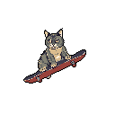 A pixel art image features a focused cat riding a skateboard against a stark black background, its paws gripping the board as it leans forward in a whimsical display of balance and action. The muted color palette adds a touch of seriousness to this humorous and unusual pairing.