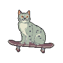 A cool cat sits perched on a skateboard, its mischievous smile hinting at an adventurous spirit. This pixel art piece captures a playful and unexpected moment with vibrant pops of orange against cool greys.