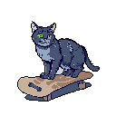A cool cat balances on a skateboard in this charming pixel art image. The grey-blue feline, with striking green eyes, exudes a surprisingly confident and whimsical vibe.