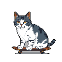A pixelated cat coolly sits on a skateboard, its bright orange eyes piercing through the void. The tabby's relaxed posture and unusual ride create a quirky and charming image.