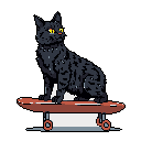 A cool black cat with bright yellow eyes chills on a red skateboard. This pixel art image captures a whimsical moment of feline fun, blending domestic charm with a touch of street style.
