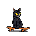 A cool black cat with striking yellow eyes confidently rides an orange skateboard. This whimsical pixel art image creates a playful and charming mood.