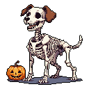 A charming pixel art image features a friendly skeletal dog with floppy ears alongside a glowing jack-o'-lantern, capturing a lighthearted Halloween spirit. The black background emphasizes the autumnal color palette and nostalgic, cute vibe of the scene.