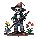 This charming pixel art shows a skeletal gardener with a shovel, tending colorful flowers. The detailed design and vibrant palette create a whimsical and surprisingly peaceful scene.