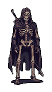 A skeletal knight, rendered in detailed pixel art against a black backdrop, stands ready with sheathed blades and a hooded cloak. The figure's grin and dark fantasy aesthetic create an ominous yet intriguing vibe.