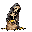 A pixelated skeleton, cloaked and hunched, guards a overflowing sack of shimmering gold, creating an ominous yet intriguing scene of greed and treasure.