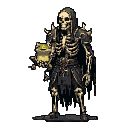 A skeletal warrior clad in dark armor holds a glowing potion, exuding an ominous yet intriguing presence. This detailed pixel art figure evokes a classic dark fantasy RPG character.