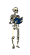 A pixel art skeleton clutches a mysterious, dark blue object to its chest in a somber and minimalist depiction. The figure's stiff posture and muted color palette evoke a melancholic yet thought-provoking mood.
