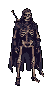 This detailed pixel art depicts a hooded skeleton warrior, standing stoically with a hint of a weapon, evoking a dark fantasy vibe. The muted color palette and classic sprite style lend a grim, nostalgic feel to the undead figure.