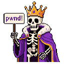 A pixelated skeletal king, adorned with a jeweled crown and royal cape, triumphantly holds a sign that reads "pwnd!". The humorous image blends macabre with lighthearted victory in a retro gaming style.