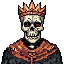 A regal skeletal king, rendered in detailed pixel art, stares forward with glowing red eyes from within a dark void. Crowned in gold and adorned in royal attire, this undead monarch exudes an ominous aura of dark fantasy and ancient power.
