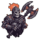 A pixel art skeletal warrior, adorned with glowing orange accents, wields a massive, fiery battle axe. This menacing figure, clad in dark, ornamented armor, exudes power and readiness for combat.