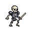 This 8-bit skeleton warrior, armed with a silver sword and orange hilt, stands ready for battle. The classic pixel art style and muted color palette evoke a sense of retro fantasy gaming. His emotionless skull and defensive stance hint at a vigilant and menacing foe.