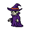 A pixel art skeleton, cloaked in deep purple wizard's robes and a reddish-brown hat band, stands ready with a touch of whimsical, eerie fantasy. The ghostly figure's stark white bones contrast against the dark attire, creating a playfully spooky retro vibe.