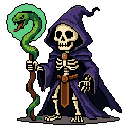 A robed, skeletal necromancer clutches a snake-entwined staff, its vibrant green aura contrasting with the figure's dark attire. The image evokes a feeling of dark fantasy and ominous magic.