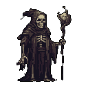 This pixel art depicts the Grim Reaper, a cloaked skeleton holding a glowing staff, radiating an ominous and melancholic presence. The figure's detailed design and glowing staff evoke a sense of arcane power and classic gothic horror.