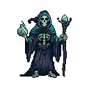 A cloaked, pixel-art Grim Reaper figure holds a glowing orb and crystal staff, radiating an ominous yet mystical energy. The skeletal figure, set against a black backdrop, evokes a classic fantasy aesthetic.