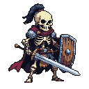 A pixel art image depicts a resolute skeletal warrior in dark fantasy armor, gripping a two-handed sword and shield. The figure's stoic pose and muted color palette evoke a sense of ancient battles and enduring might.