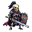 A pixel art skeletal knight stands poised for battle, clad in armor and a crimson cape, wielding a sword and shield, with a small crow perched on its shoulder. The detailed design and muted colors evoke a classic dark fantasy aesthetic.