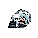 A pixel art grim reaper holds up a magazine titled "PROFILE," its glowing red eyes hinting at a dark humor as it surveys the human subject on the cover. The skeletal figure's grin and the magazine's content create an intriguing and macabre tableau.