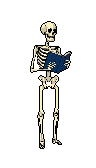 A pixel art skeleton, rendered in stark contrast against a black void, is engrossed in reading a dark blue book. The minimalist image evokes a sense of quiet contemplation and wry humor with its macabre yet scholarly subject.