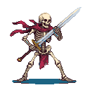 A pixelated undead warrior stands ready for battle, wielding a longsword and dagger with golden hilts, and draped in a tattered crimson scarf. This skeletal figure exudes a dark fantasy vibe, with its detailed design and dynamic pose suggesting a formidable reanimated guardian.
