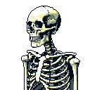 This pixel art portrait depicts a somber and meticulously rendered skeleton against a stark black backdrop. The limited palette of creams, grays, and desaturated teal creates a cool, unsettling vibe reminiscent of retro horror games.
