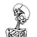 This pixel art depicts a stark, monochromatic skeleton with a second skull emerging from its head, creating an eerie and macabre image. The retro style and unusual anatomy evoke a sense of decay and otherworldly existence.
