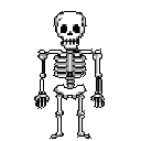 This pixel art image features a stark, monochromatic skeleton standing upright against a black backdrop. The retro style and limited palette lend a clinical yet nostalgic feel to the unsettling subject matter.