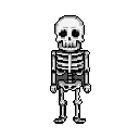 A pixelated skeleton stands starkly against a black void, its simplified design lending a touch of retro charm to the traditionally eerie subject. The high-contrast, monochromatic palette emphasizes the skeletal form with a melancholic vibe.