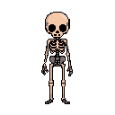 A simple, pixelated skeleton stands starkly against a black background, its beige bones rendered in a classic, slightly spooky, retro style.