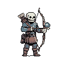 A skeletal archer, rendered in detailed pixel art, takes aim with a recurve bow, poised for action. The muted color palette and classic fantasy vibe evoke a sense of retro adventure.