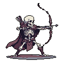 A pixel art skeleton archer, clad in tattered garments, is captured mid-shot against a black backdrop, radiating dark fantasy vibes with its grim determination.