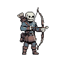 A pixelated skeletal archer, clad in worn gear and ready to fire, stands poised with grim determination, embodying a classic fantasy menace.