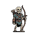 A skeletal archer, clad in muted teal and brown, stands ready with bow drawn and quiver slung, its bright blue eyes piercing the void. The pixel art evokes a somber yet adventurous feel, reminiscent of classic fantasy RPGs.