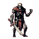A pixel art skeleton warrior, clad in armor and crimson cloth, stands triumphant with sword in hand, radiating a gritty, ominous presence.