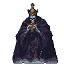 A skeletal figure clad in rich papal robes clutches a golden chalice, presenting a striking image of dark fantasy. This pixel art blends religious iconography with macabre themes, creating an unsettling and imposing undead religious figure.